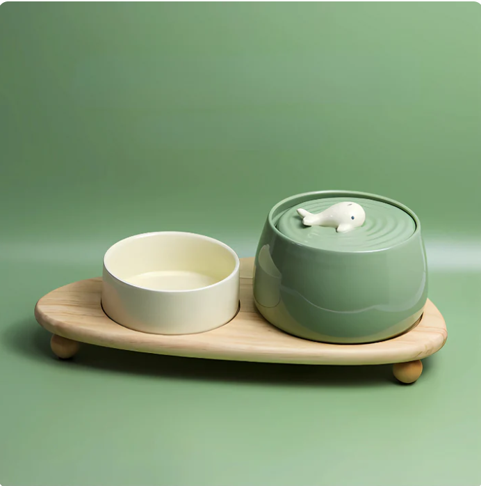 Modern pet feeder featuring dual ceramic bowls set into an elegant wooden stand, easy to clean design.