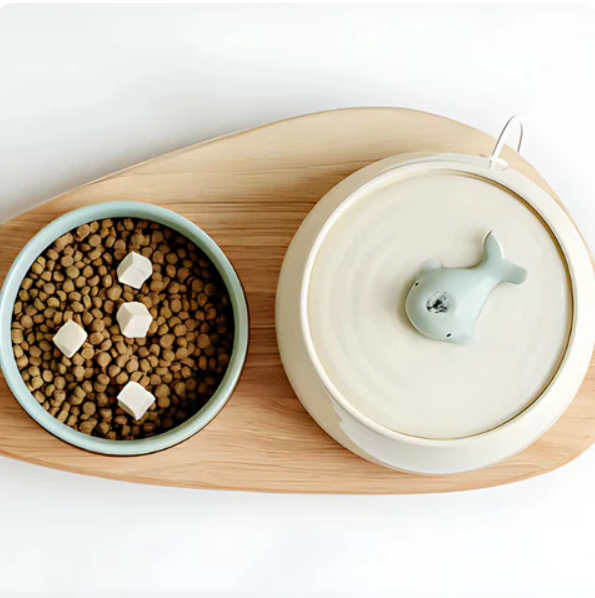 Pet dining accessory: a wooden feeder stand supporting two white ceramic bowls for a healthy eating posture.