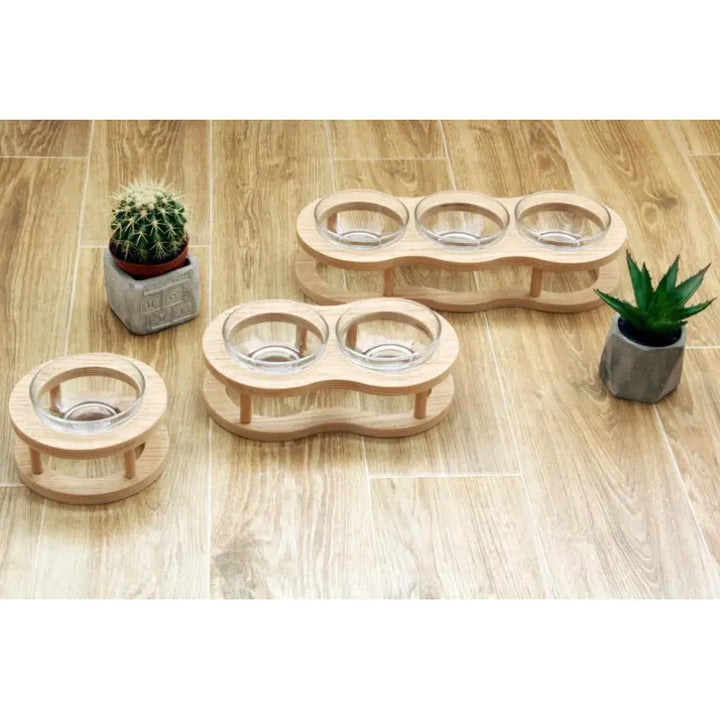 Stylish elevated dog & cat feeder, double glass bowls in a natural wooden stand, non-slip design