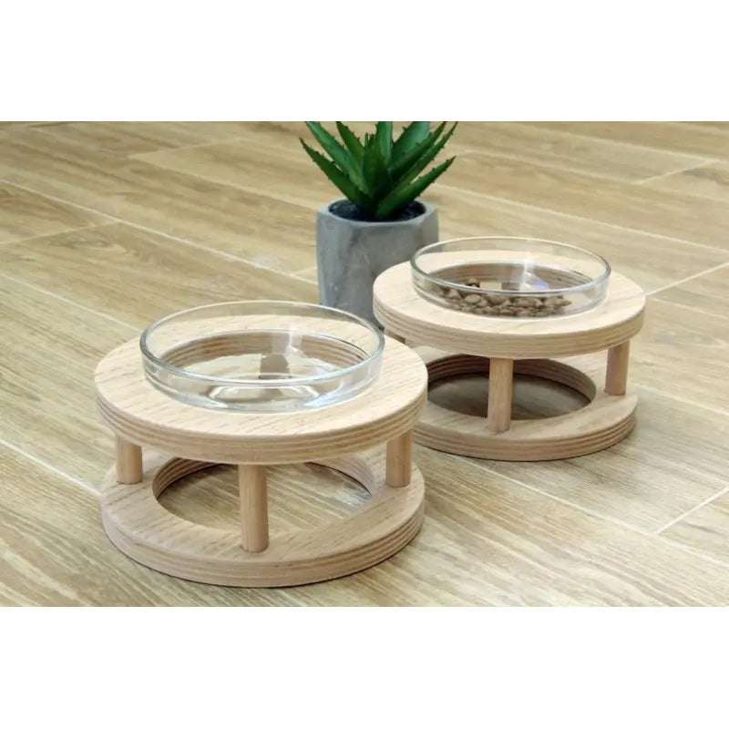Close-up of elevated cat and dog food bowls, clear glass in sturdy wooden base with non-slip pads
