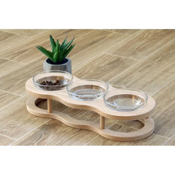Ergonomic elevated pet bowl set, wooden frame with two glass inserts and non-slip feet for comfortable feeding