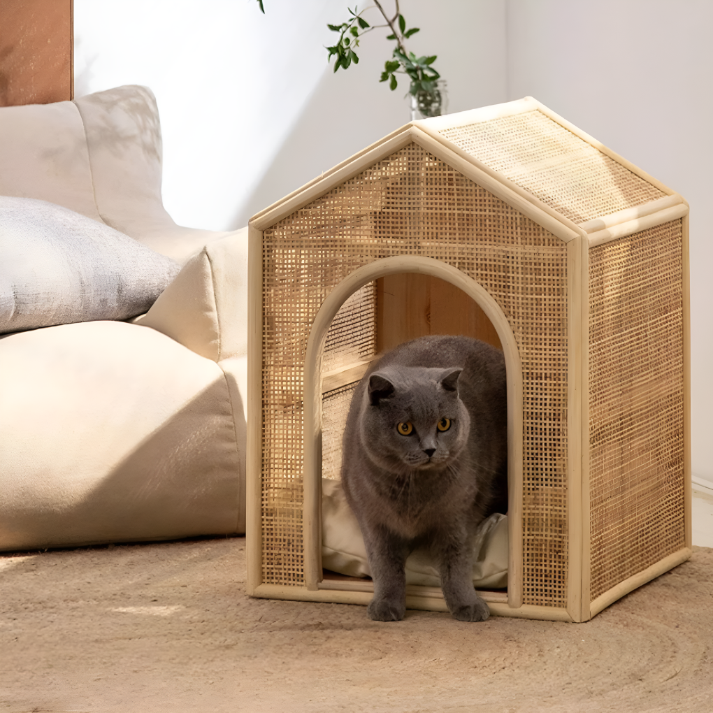 Stylish rattan elevated pet bed for small pets, providing breezy comfort, ideal for cats and small dogs
