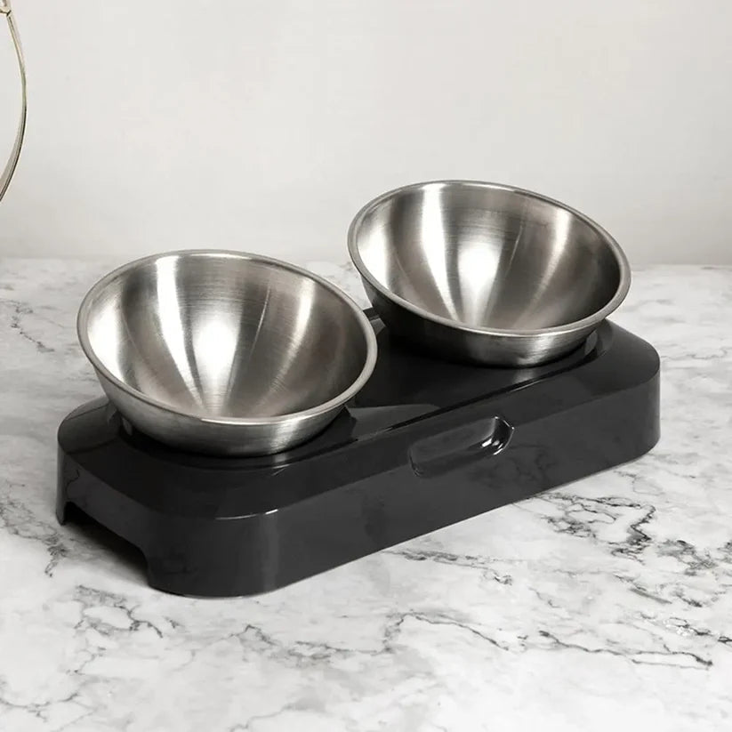 Stylish elevated pet bowl with two stainless steel dishes, aids healthy pet digestion