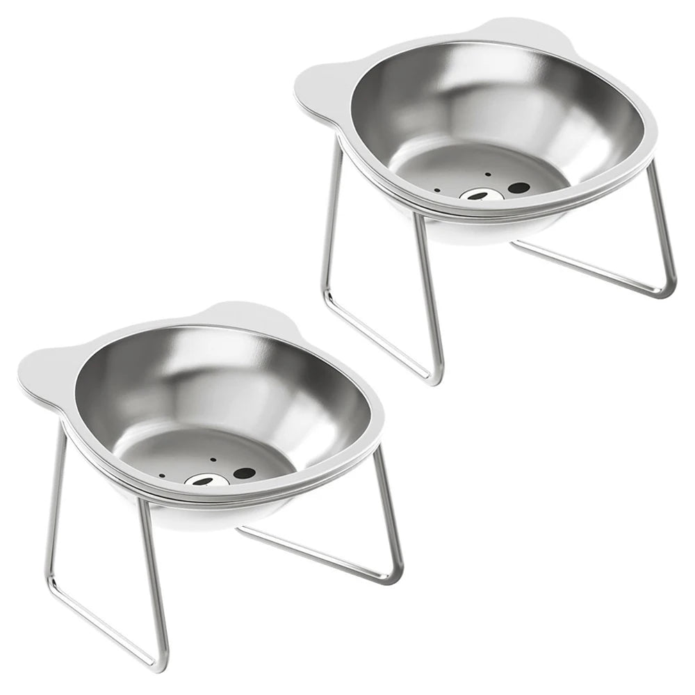Elevated stainless steel pet bowls for cats or small dogs, ergonomic design for comfortable feeding, easy to clean.