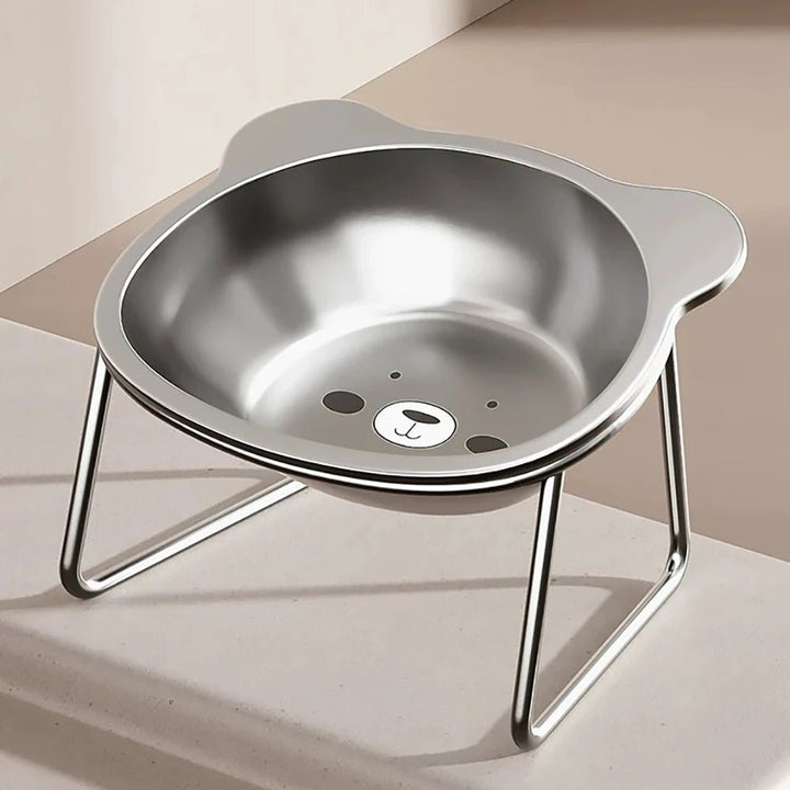 Dual pet feeder with elevated stainless steel bowls, food-grade for healthy eating by cats and small dogs.