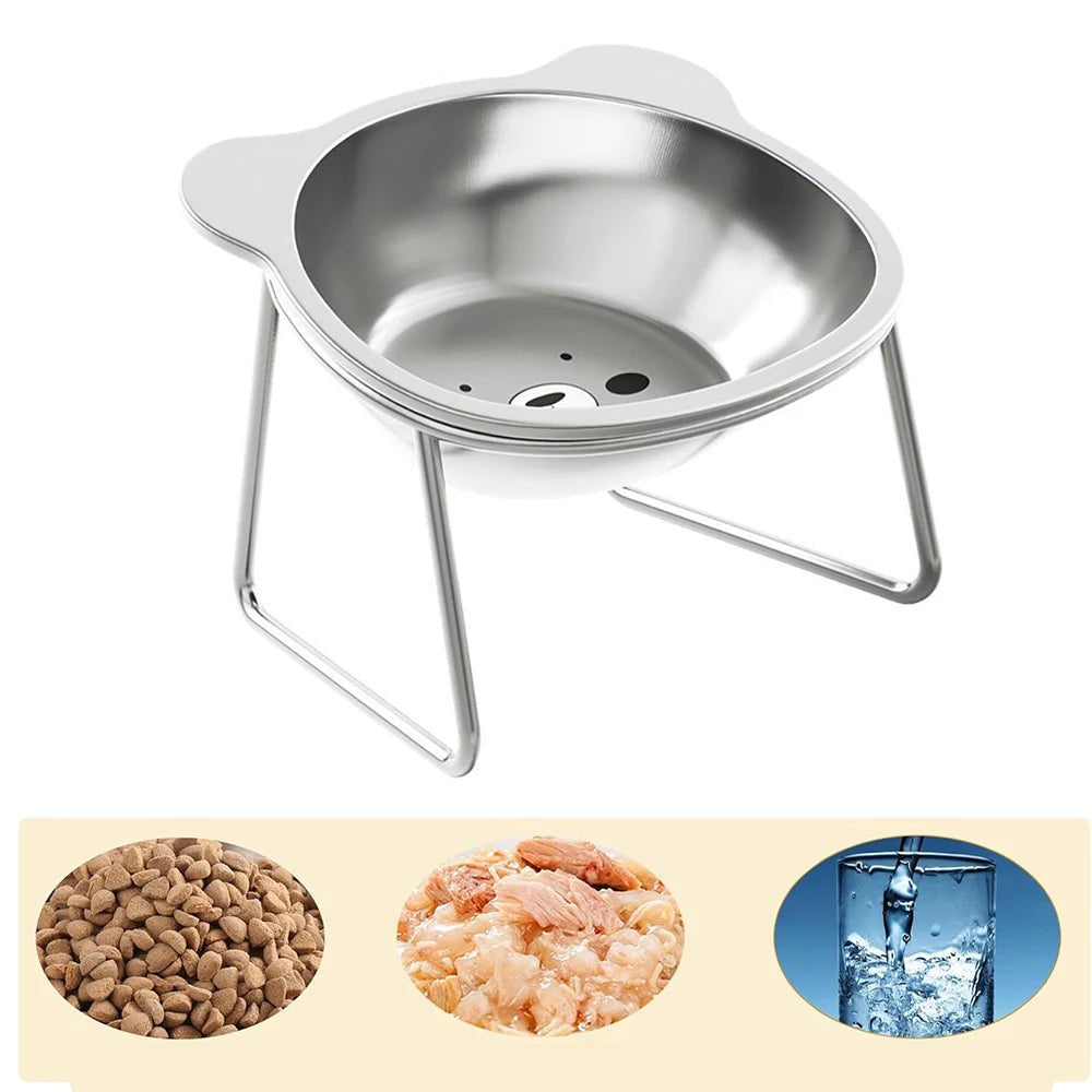Ergonomic elevated pet bowl stand with two stainless steel dishes for cats and small dogs, promoting better posture.