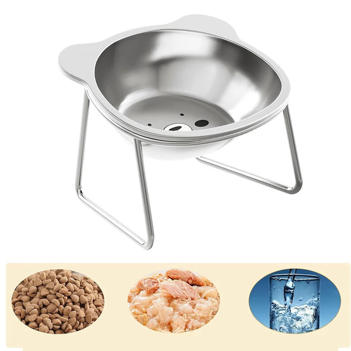 Ergonomic elevated pet bowl stand with two stainless steel dishes for cats and small dogs, promoting better posture.