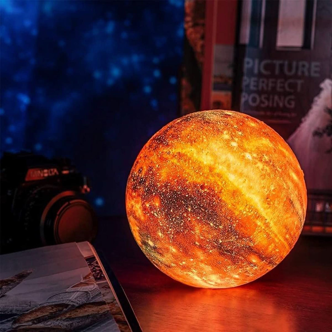 Relaxing 16-color 3D moon night light with wooden stand, perfect for bedroom mood lighting & home decor.