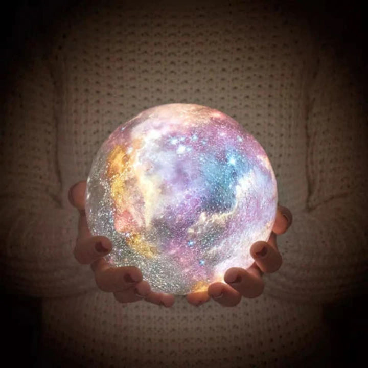 Modern USB-powered 3D moon lamp featuring 16 LED colors and a stable wooden stand for versatile lighting.