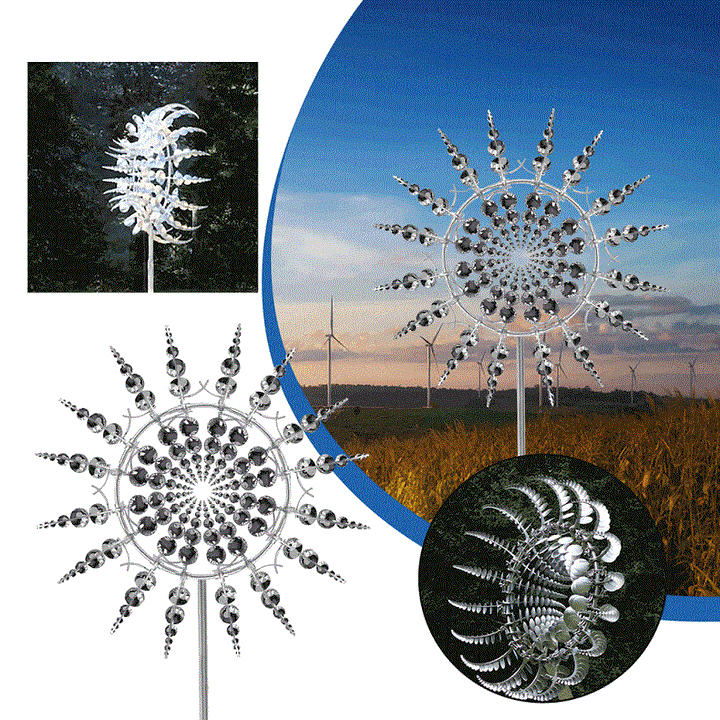 Beautiful metal kinetic wind spinner for gardens. Enchanting windmill yard ornament, weather resistant for outdoor display.