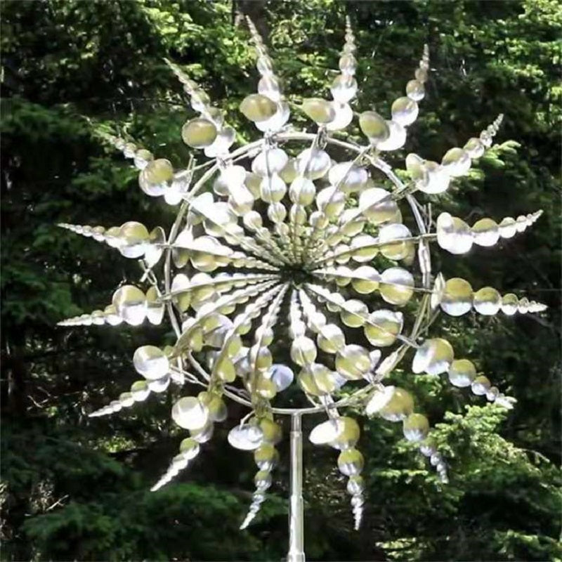 Decorative anti-rust metal windmill spinner. Kinetic garden decor, an enchanting outdoor art sculpture for any yard.