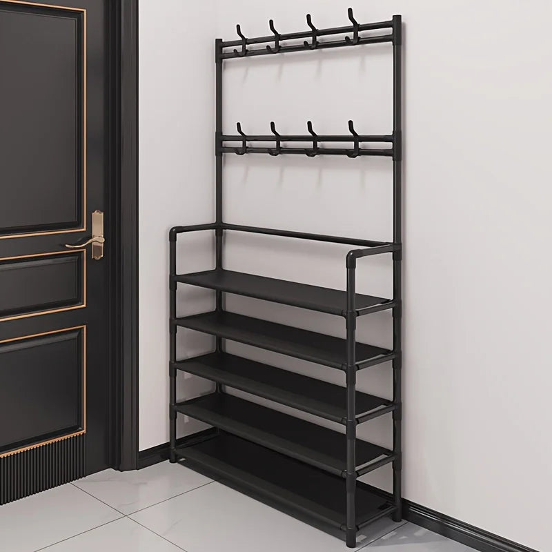EntryMate Multi-Layer Steel Coat Rack with Shoe Storage Shelf; ideal entryway organizer & space-saving solution.