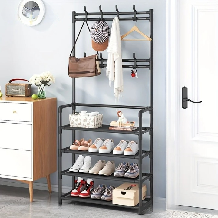 Modern steel frame coat rack & shoe storage shelf for entryway. Multi-layer design for home organization.
