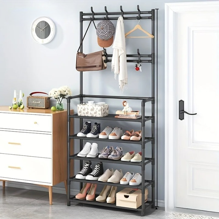 Hallway furniture: steel coat rack with shoe storage. Perfect multi-layer entryway organizer, space-saving.