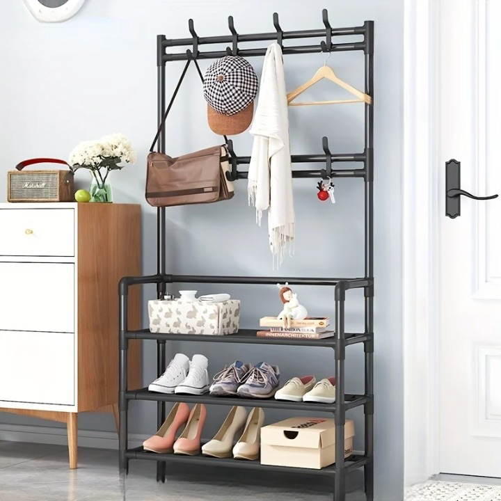 Durable multi-layer steel frame clothes rack & shoe storage shelf. Efficient home organization solution.
