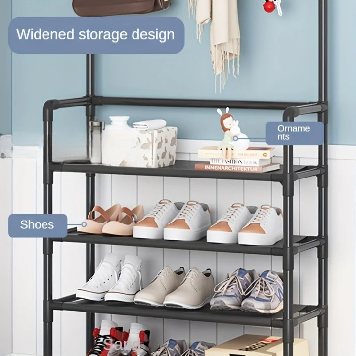Sleek EntryMate multi-layer steel coat rack & shoe storage. Modern entryway organizer for efficient space saving.