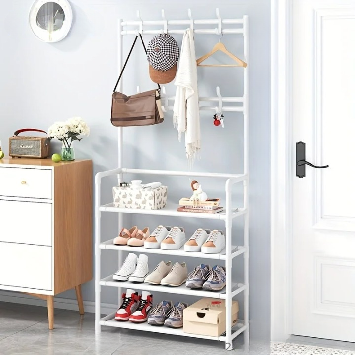 Entryway multi-layer steel coat rack & shoe storage shelf. Sturdy clothes rack for modern home organization.