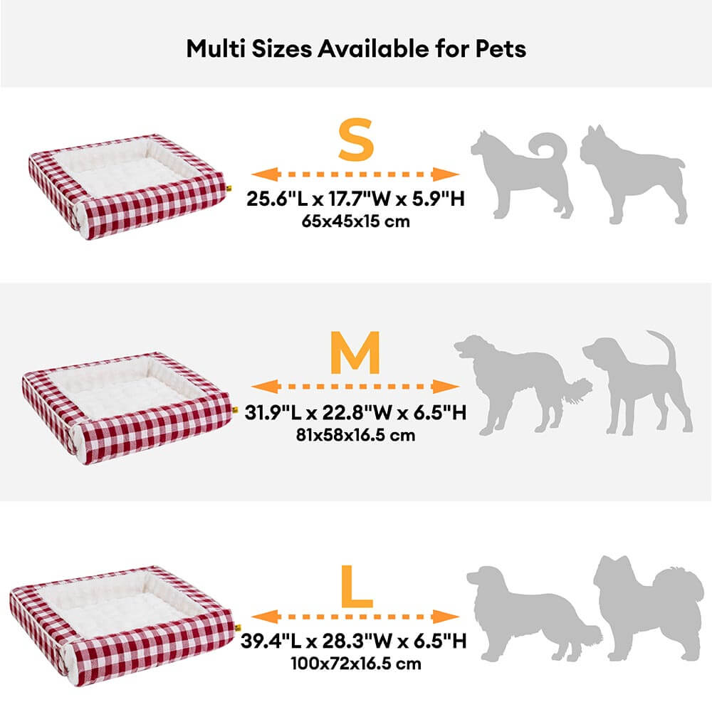 Expanded view of a gray plaid ergonomic dog bed, offering maximum pet comfort.