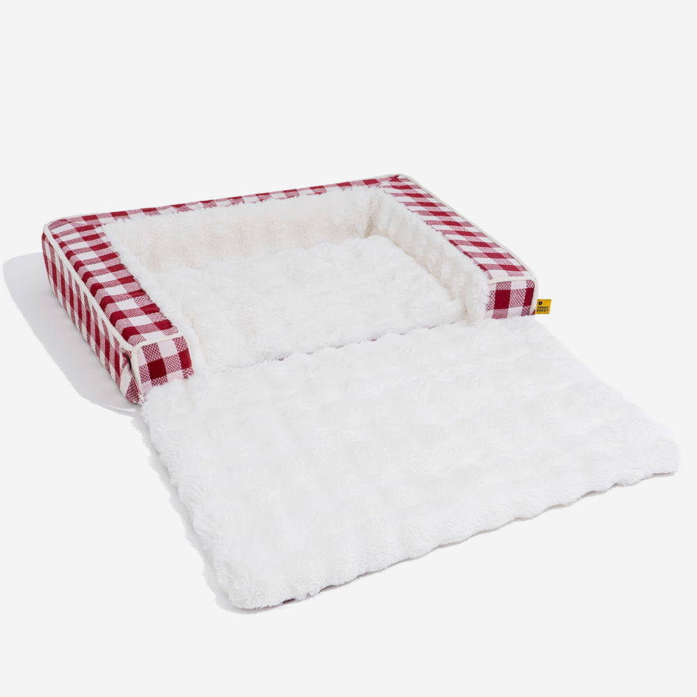 Washable dog bed, ergonomic design, gray plaid material, suitable for all dogs.