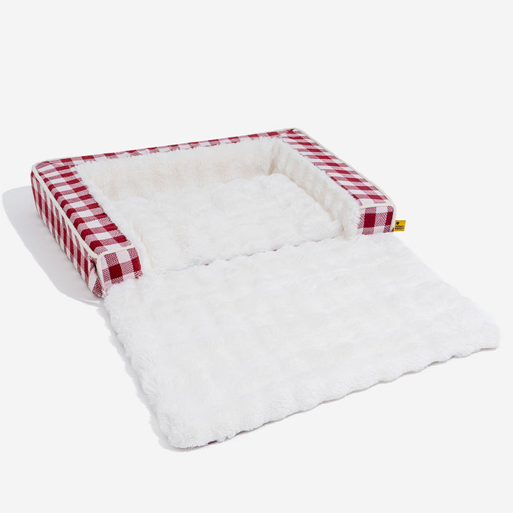 Washable dog bed, ergonomic design, gray plaid material, suitable for all dogs.