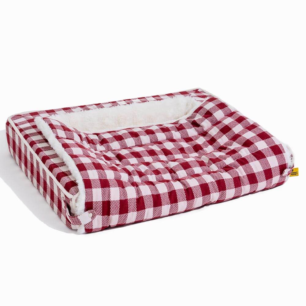 Gray plaid ergonomic dog bed, durable and washable, designed for ultimate pet comfort.