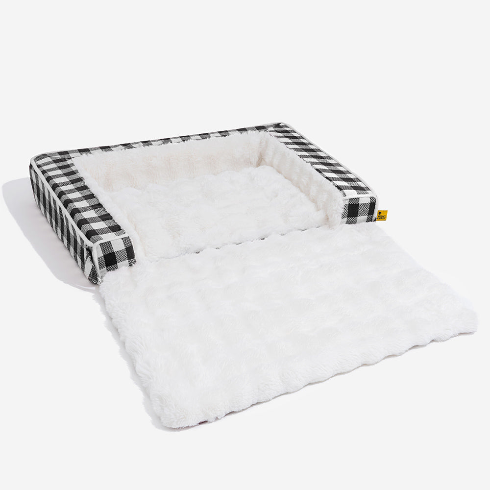 Pet supplies: ergonomic, expandable dog bed in a sophisticated gray plaid pattern.