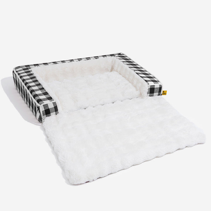 Pet supplies: ergonomic, expandable dog bed in a sophisticated gray plaid pattern.