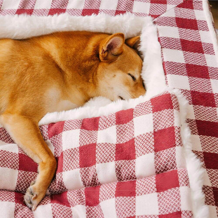 Comfortable dog bed, ergonomic plaid design, expandable feature for large dogs.