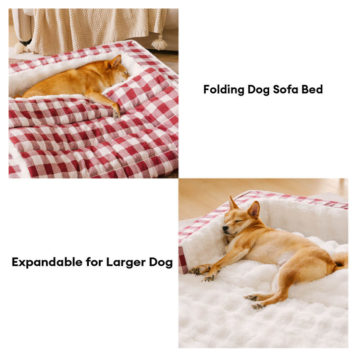 Washable calming pet bed with a stylish gray plaid pattern, ergonomic support.