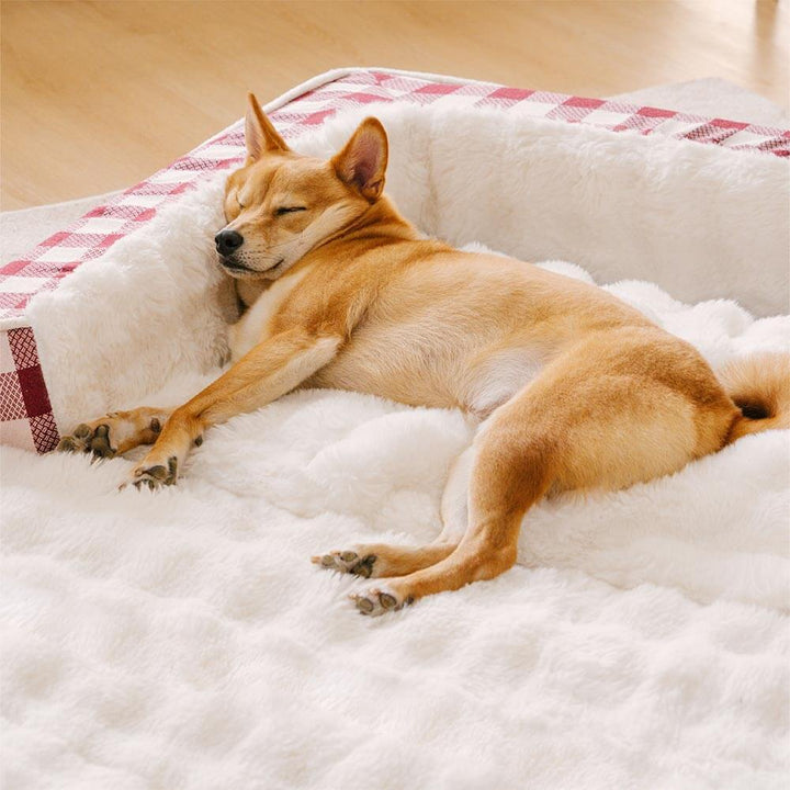 Soft gray plaid dog bed, ergonomic design, perfect for pet relaxation and comfort.