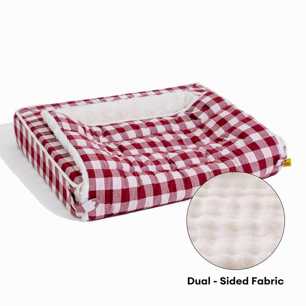 Dog bed, ergonomic and washable, gray plaid texture, expandable sides for more room.