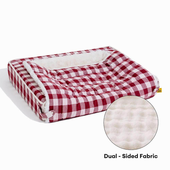 Dog bed, ergonomic and washable, gray plaid texture, expandable sides for more room.
