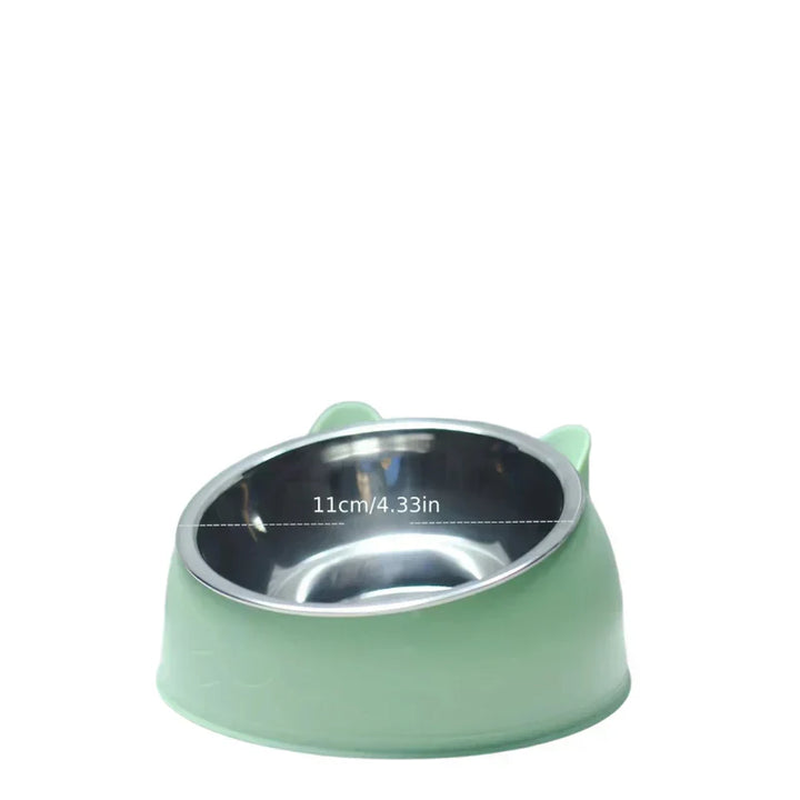 Raised cat feeder, stainless steel insert, designed for pet comfort.