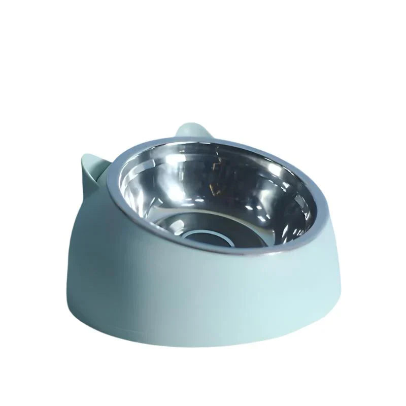 Pet supplies: ergonomic raised cat bowl, durable stainless steel.