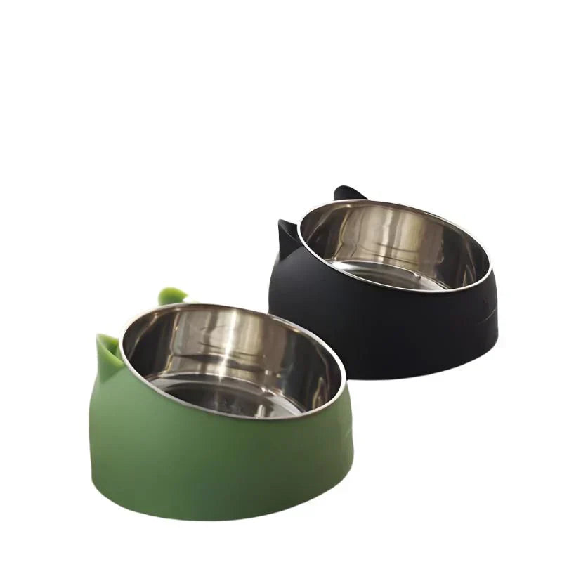 Stainless steel cat bowl, elevated, for comfortable and healthy feeding.