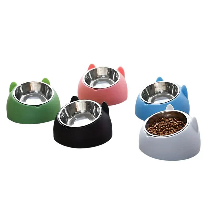 Raised cat feeder with stainless steel bowl, promoting better digestion.