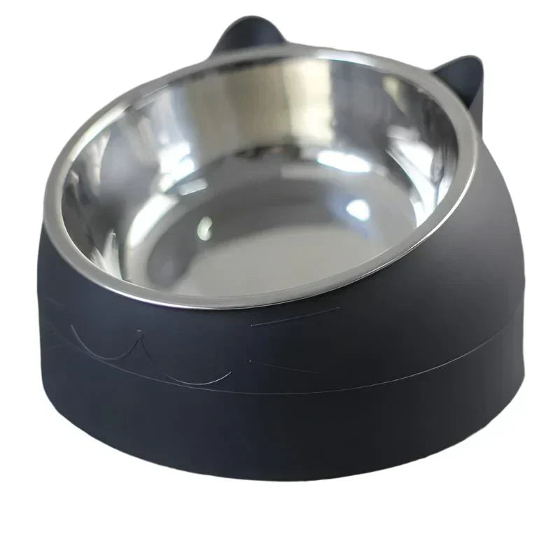 Stainless steel elevated cat bowl, promoting good posture during meals.