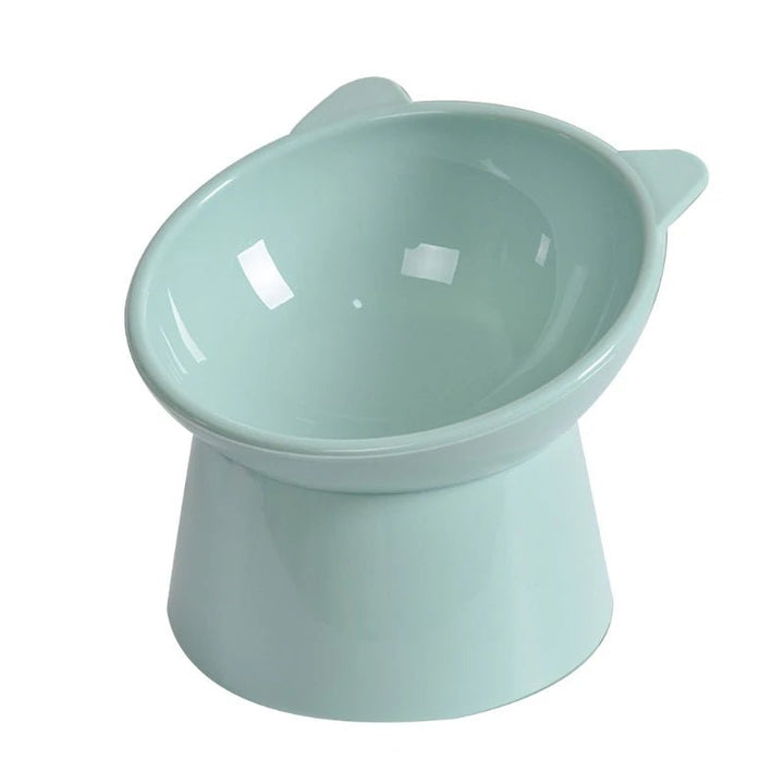 Top-down view of twin slanted pet bowls in an elevated feeder, enhancing pet dining experience