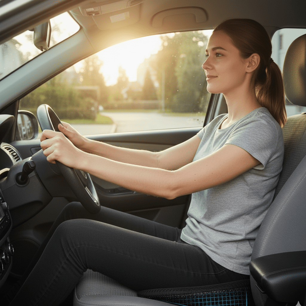 Car seat cushion for improved posture and lumbar back support, essential for long drives.