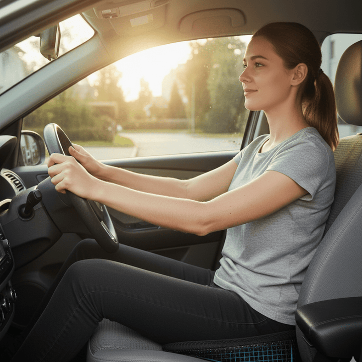 Car seat cushion for improved posture and lumbar back support, essential for long drives.