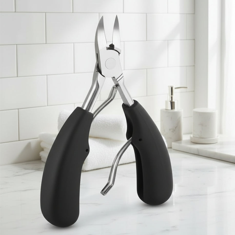 Ergonomic nail scissors for thick and ingrown toenails, stainless steel foot care tool.