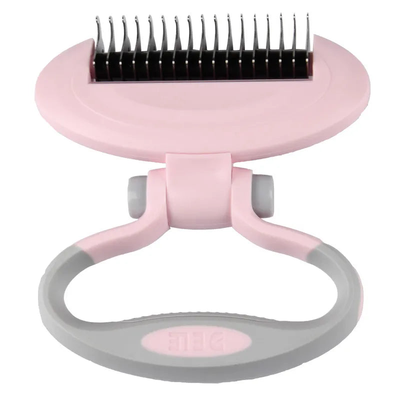Close-up of the ergonomic handle and rotating head of a pet de-matting brush for efficient grooming.