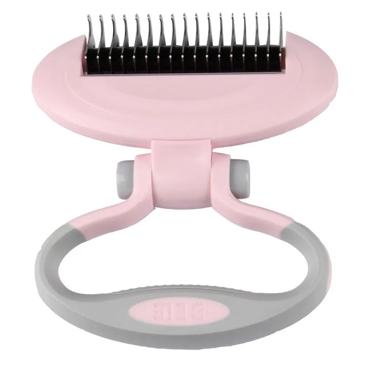 Close-up of the ergonomic handle and rotating head of a pet de-matting brush for efficient grooming.