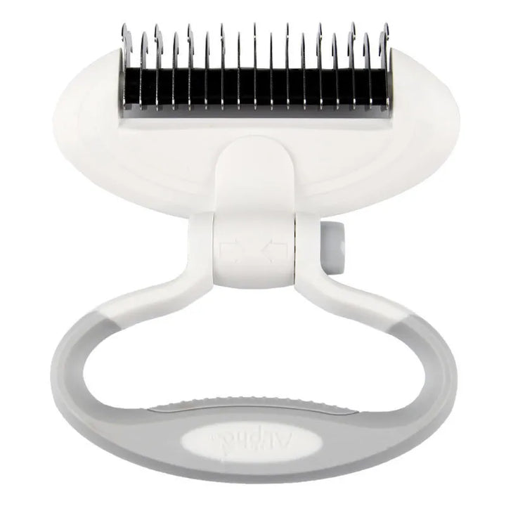 Pet grooming tool: a de-matting brush with a comfortable grip and innovative 360-degree rotating head.