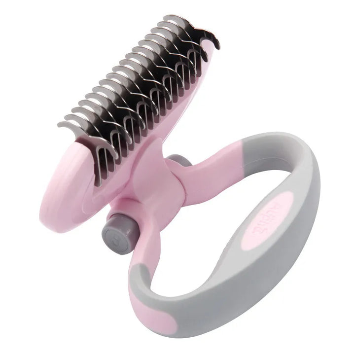 Display of an ergonomic pet de-matting brush, a must-have for effective pet care and fur detangling.