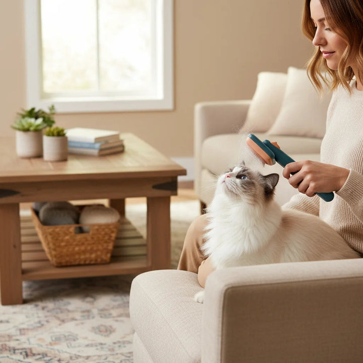 Close-up of an ergonomic dog & cat grooming brush, showing bristles for efficient hair removal