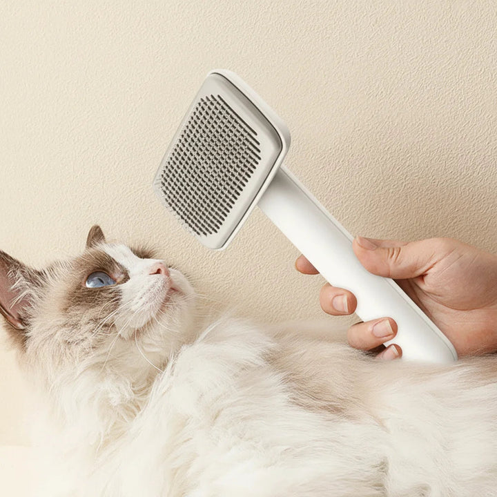 Person using an ergonomic pet brush on a cat, demonstrating gentle and effective grooming