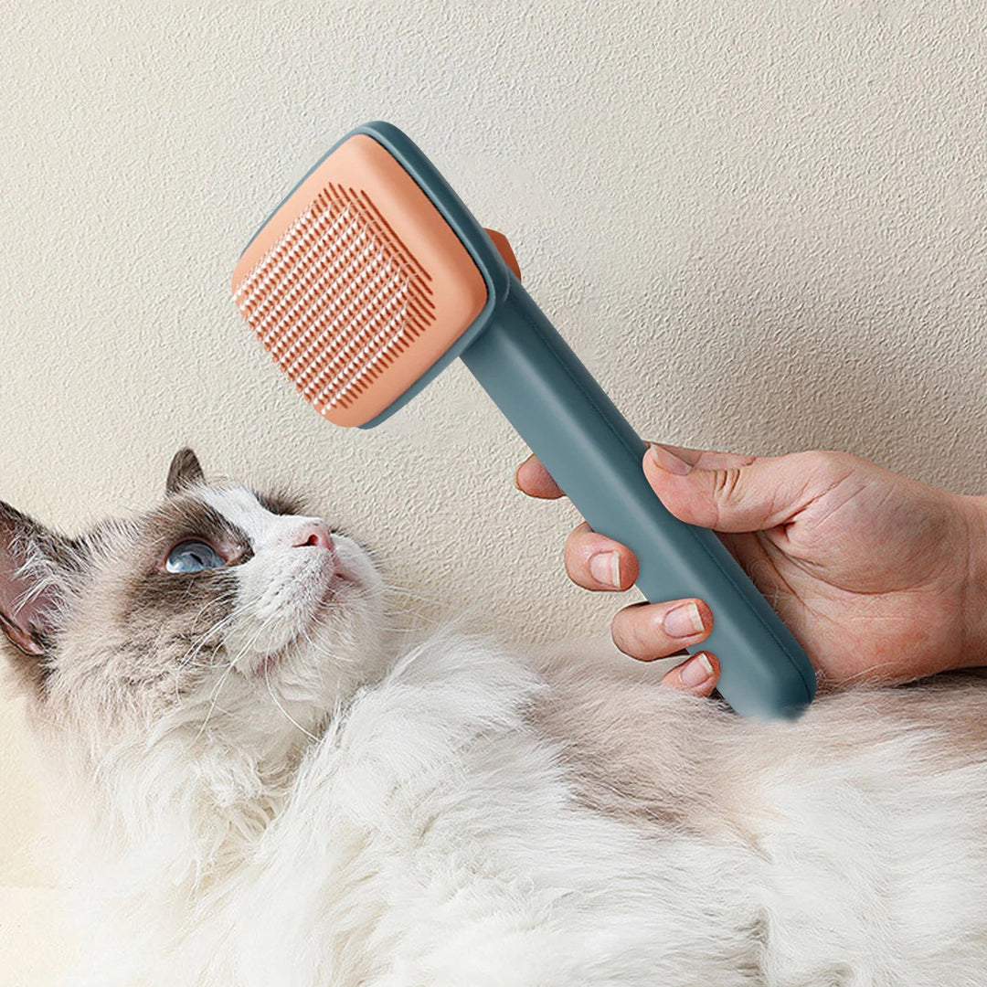 Self-cleaning pet brush for cats, an ergonomic grooming tool making pet care simple and quick