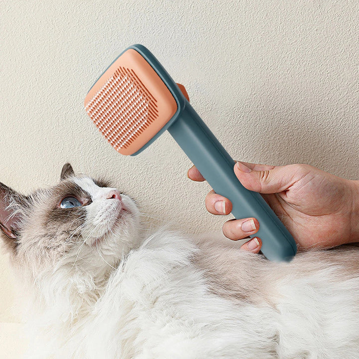 Self-cleaning pet brush for cats, an ergonomic grooming tool making pet care simple and quick