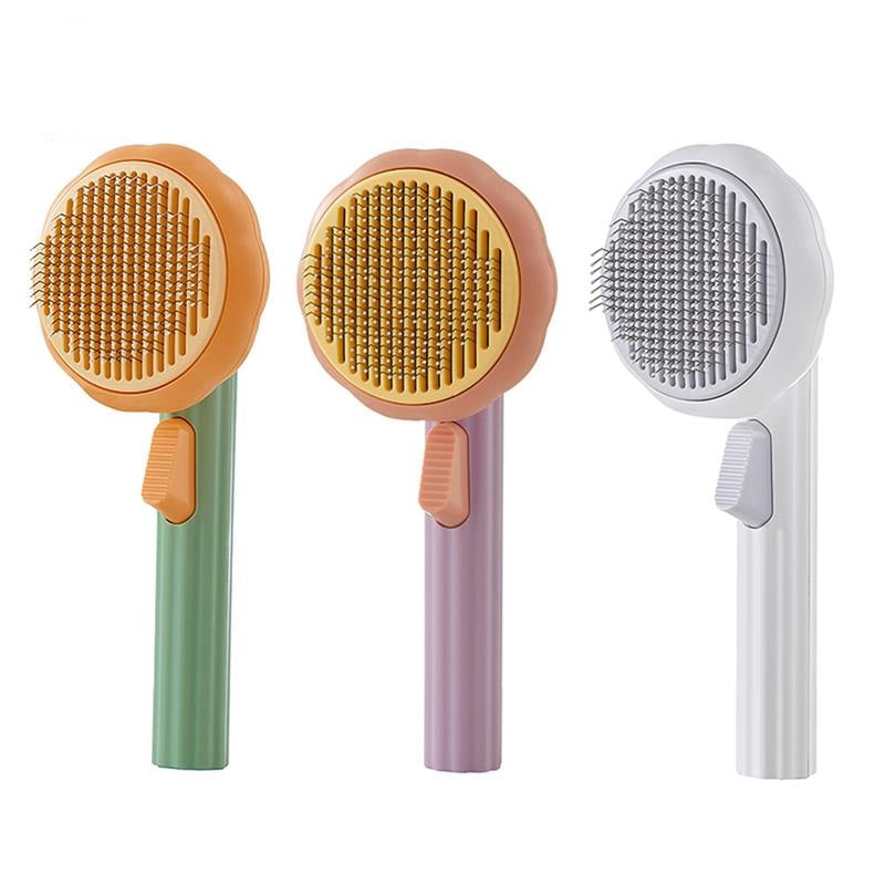 Blue ergonomic pet grooming brush with its easy-clean button, suitable for all dog and cat coat types.